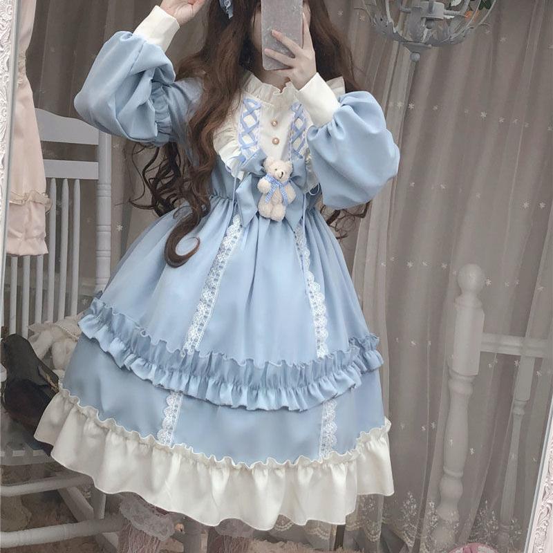 Rochie gotică japoneză Lolita femei Kawaii Arc Urs Dantela Rochie albastră Rochie cu mânecă lungă Prințesă Costum Halloween Cadou pentru fete