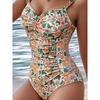 Traje de baño de una pieza con estampado floral vintage, cuello en V, control de abdomen, corte alto