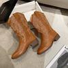 ჩექმები რეტრო ნაქარგები Knight Boots ქალი He Sui Tong V Mouth შუა ხბოს ჩექმები გრძელი ჩექმები