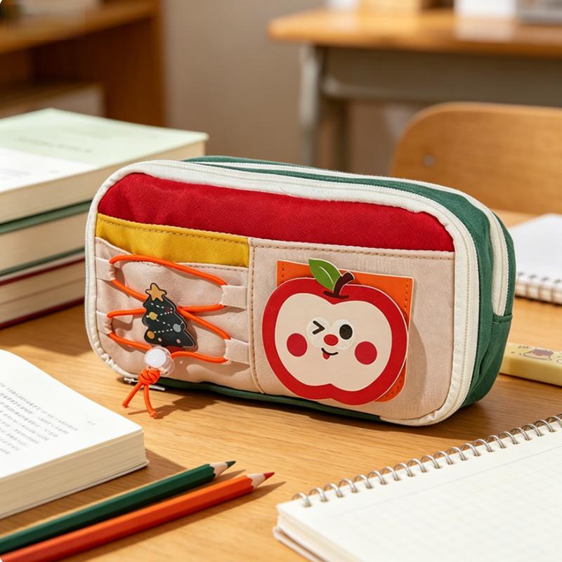 Color Block Double Zipper Pencil Bag, Front Elastic Band Design Cute Animal Patch Decor Stationery Organizer