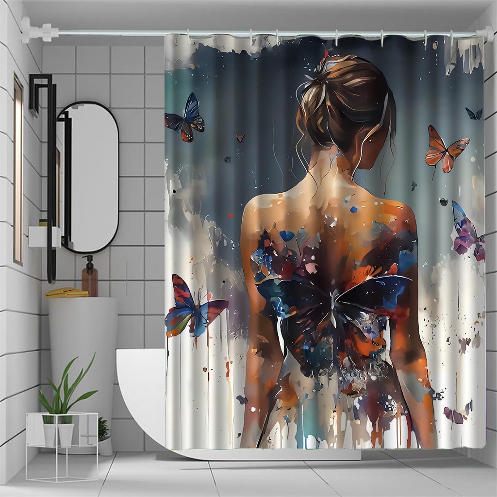 Elegant Butterfly Shower Curtain, Anti-Fog Polyester, Vibrant Design, Multi-Functional Hooks, Machine Washable
