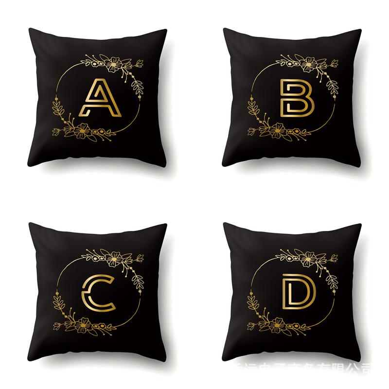 Polyester Pillowcase Black Gold Flower Home Decoration Print Pillowcase 26 English Letter Cushion Cover