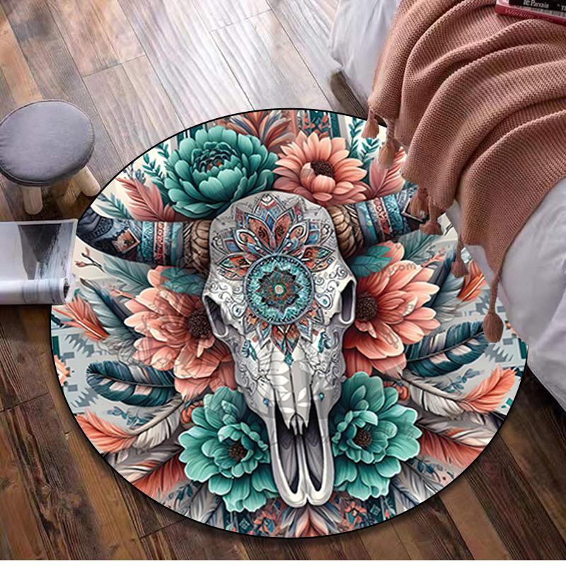 Cow Skull Circular Rug - Office Decorative Carpet For Living Room Bedroom Door Mat Floor Rug Computer Chair Area Rug