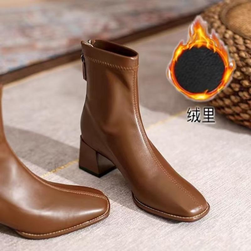 Fashion Soft Leather Brown Block Heel French Short Boots Women 2025 New Square Toe Naked Boots High Heels