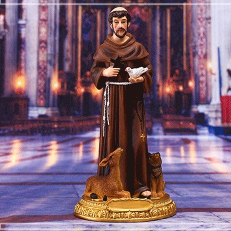 Hand-Painted Saint Francis Statue Catholic Religious Decoration Francis Figurine with Bird Cross Sculpture Collection