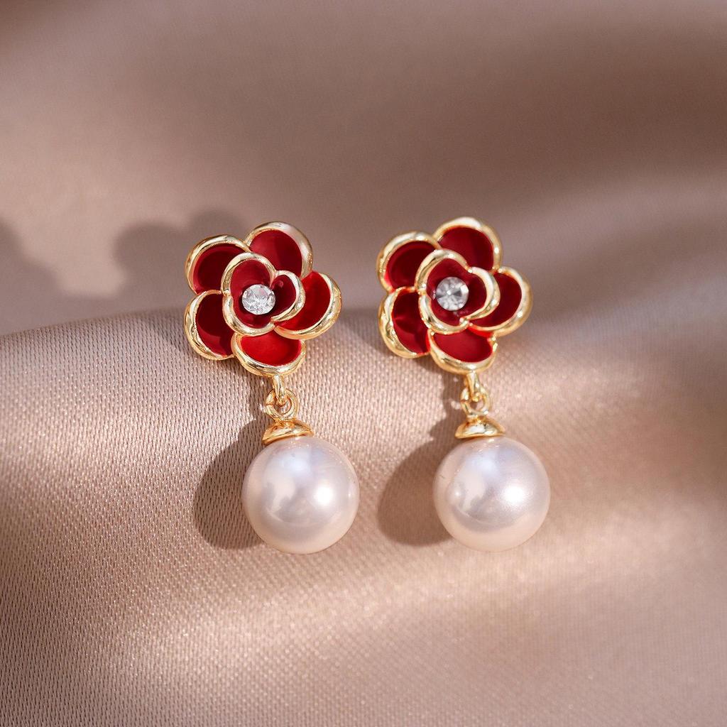 Silver Needle Enamel Rhinestone Flower Pearl Stud Earrings - Elegant High-End Accessories for Women