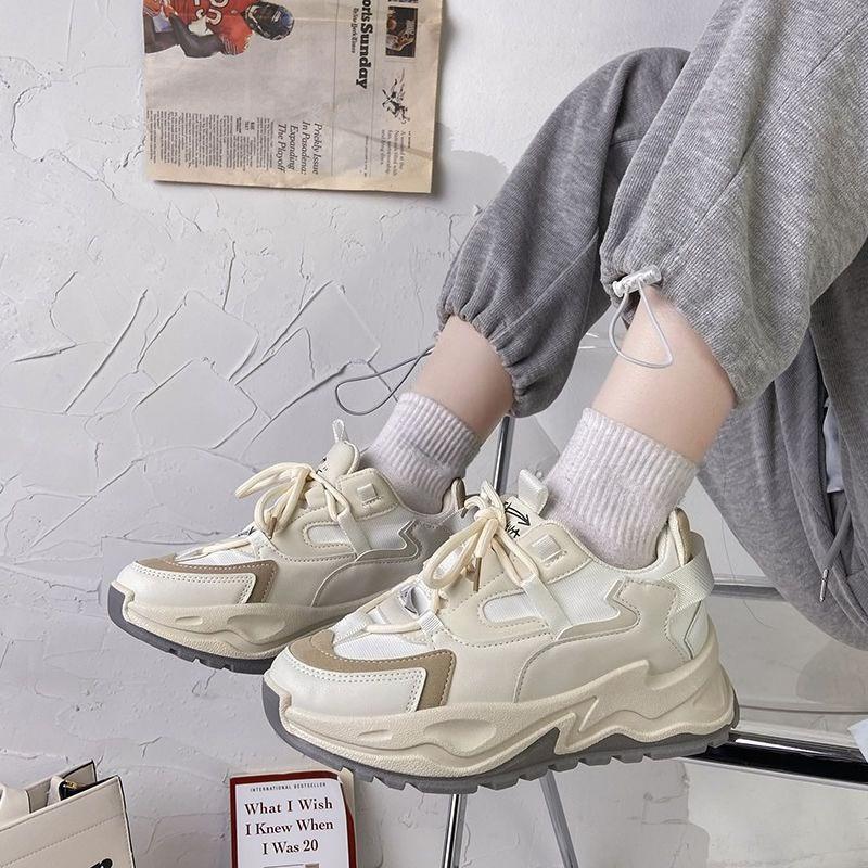 Spring and Autumn Women's Thick Soled Lace Up Sports Shoes, Suitable for Female Student Style, Korean Style, Multi Functional Leisure