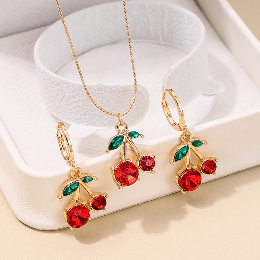 3PCS Cute Cherry Zircon Set Hypoallergenic Necklace and Eearrings Daily & Gift for Women