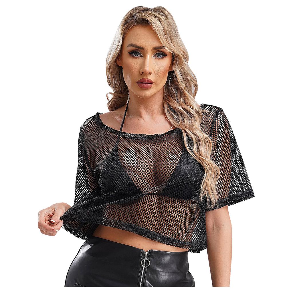 Damen Neon 80er Disco Fischernetz T-Shirt Kurzarm Ausgeschnitten Netz Crop Top