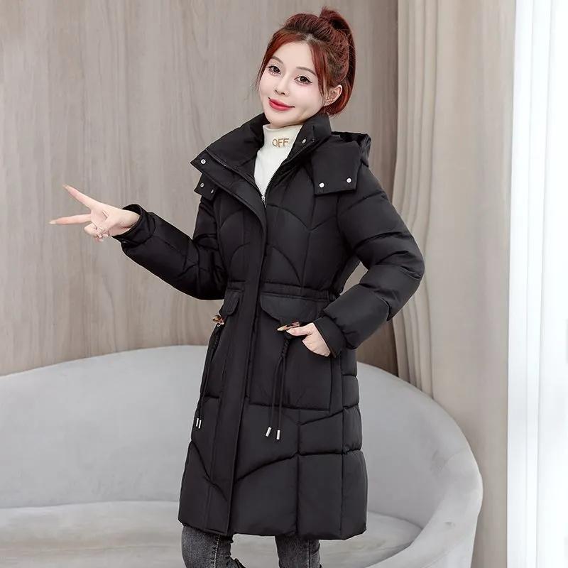 

Winter Warm Hooded Women Parkas Fashion Down Cotton Comfortable Zipper Pockets Long Jacket Elegant Slim Thick Female Coat M чорний