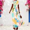 Women Plus Size V Neck Short Sleeve Printed Loose Maxi Dress