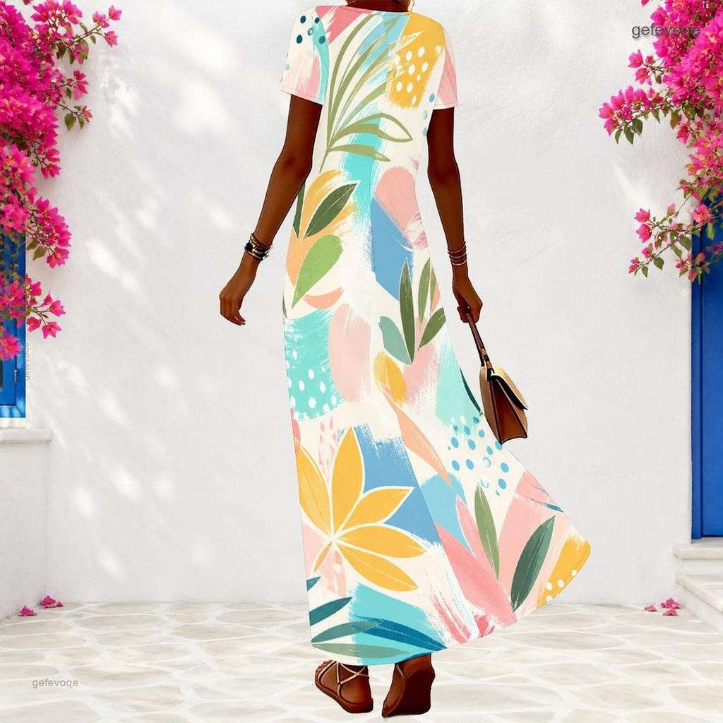 Women Plus Size V Neck Short Sleeve Printed Loose Maxi Dress