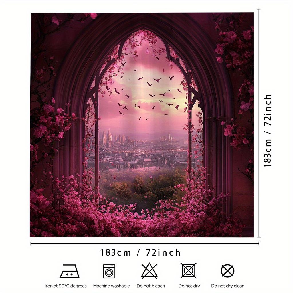 1 Piece Romantic Gothic Window Shower Curtain - Vivid Pink Flower And Bird Pattern, Polyester, Easy Hanging Hook, Bathroom Decor