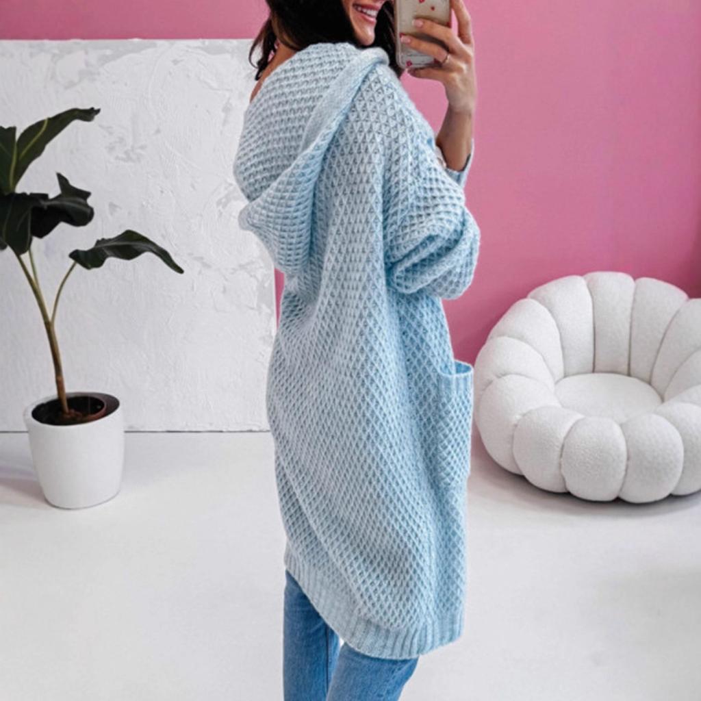Sweater for Women In Autumn and Winter Solid Color New Loose Hooded Long Pocket Knitted Cardigan Pocket Jacket