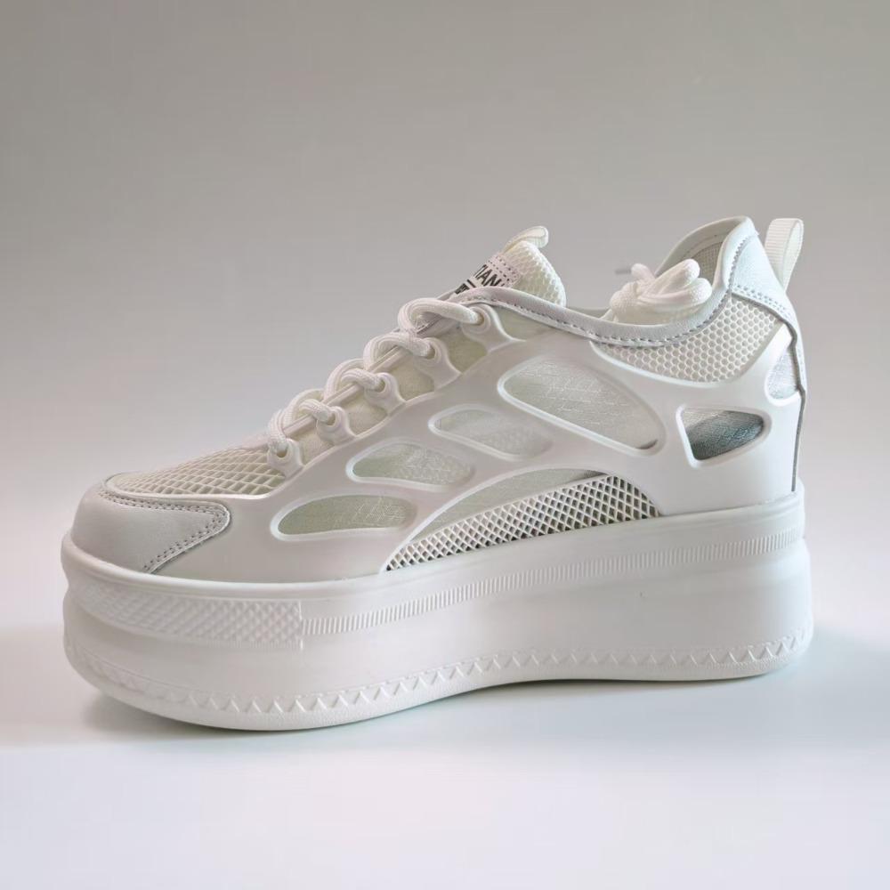 9cm Height Increasing Shoes Women Platform Sneakers Genuine Leather White Shoes Breathable Mesh Ladies Casual Shoes