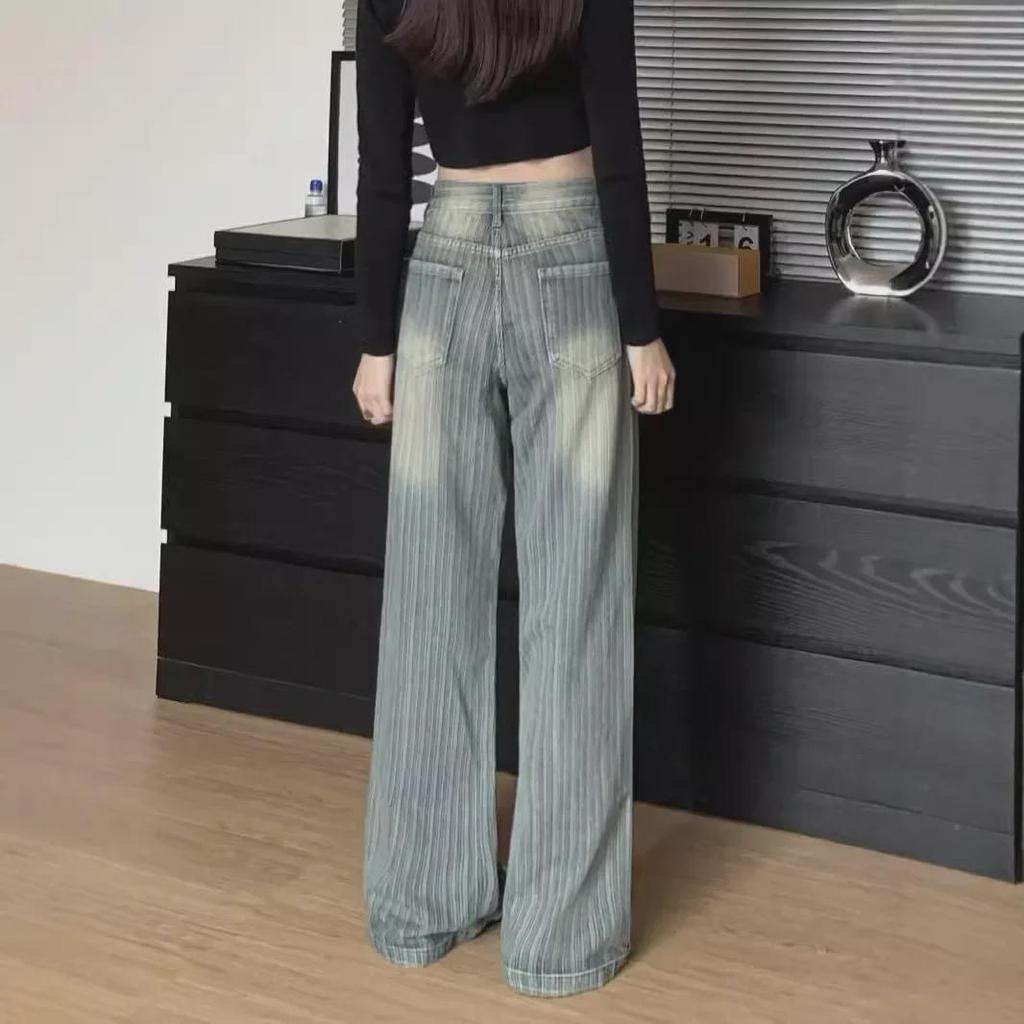 "2024 Americké retro široké pruhované džíny pro ženy - Slim rovný střih"