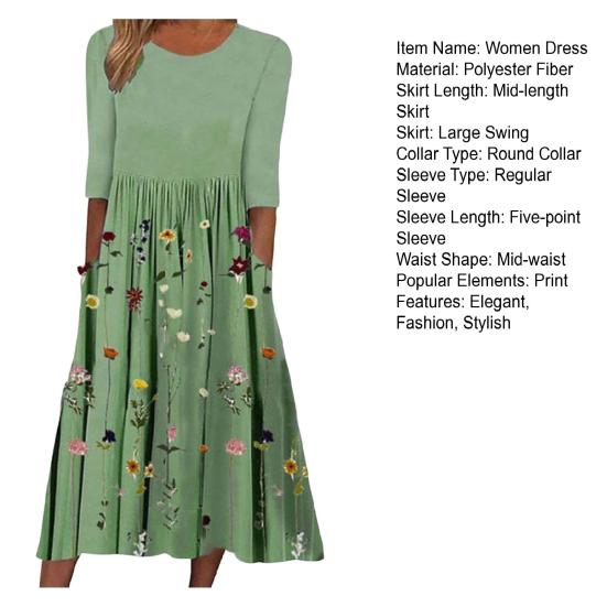 Damen Sommer Fließendes Midi-Kleid Boho Floral Plissiertes Kleid mit Taschen Lässig Halbarm Rundhals Schwingkleid