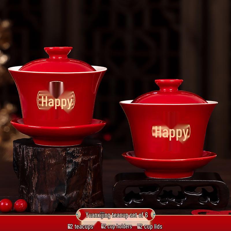 Festive Red Wedding Tea Set: Lidded Bowls & Chopsticks Duo
