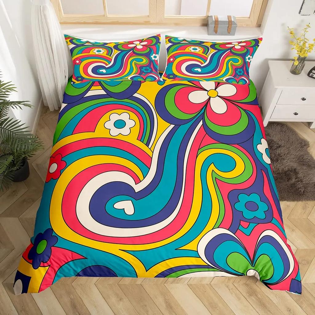 Hippie Flower Duvet Cover Set Boho Mandala Bedding Set Microfiber Groovy Flowers Comforter Cover King for Girls Women Room Decor
