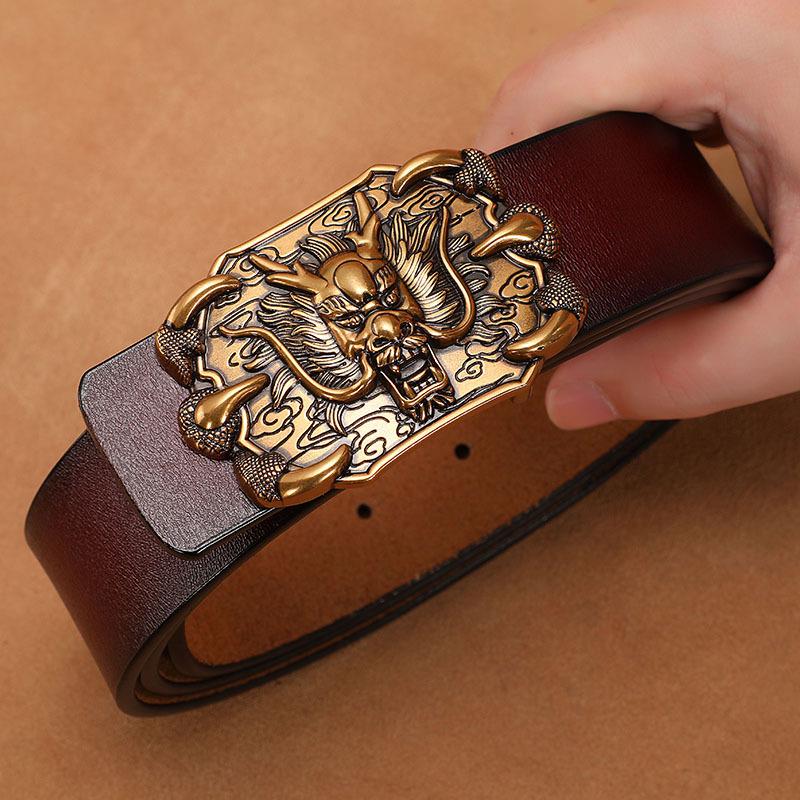 Men's Retro Genuine Cowhide Leather Belt with Smooth Buckle - Extended Large Size for Trendy and Plus-Size Fashion