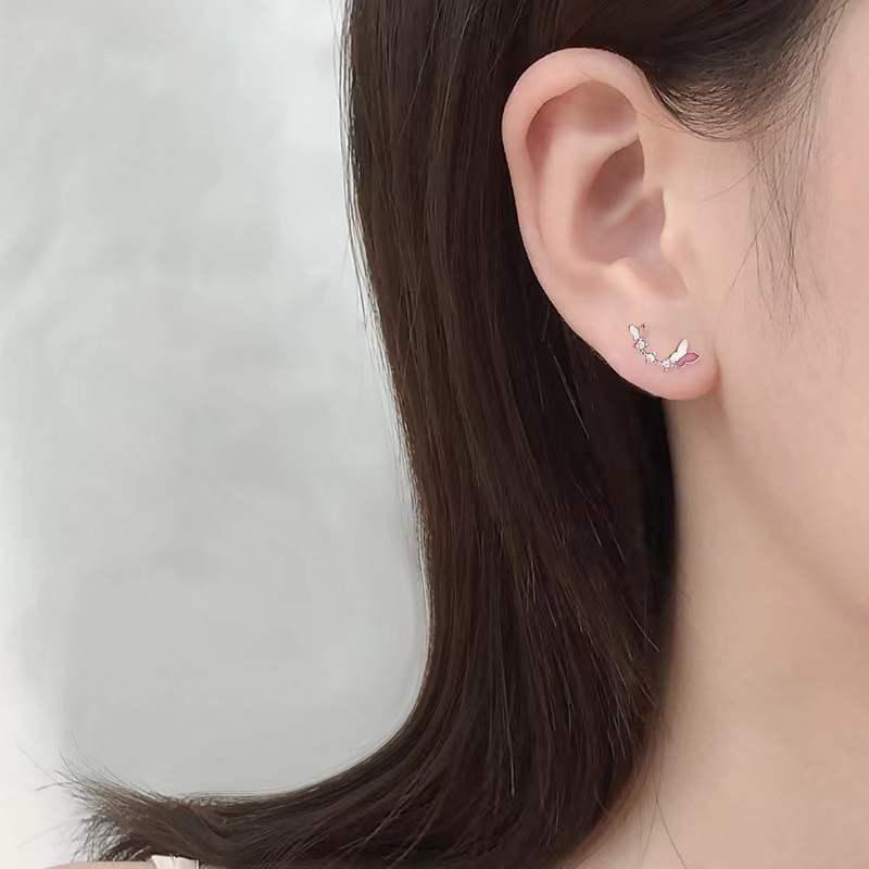 Beixi S925 Sterling Silver Rhinestone Butterfly Earrings - Women's Korean Forest Style
