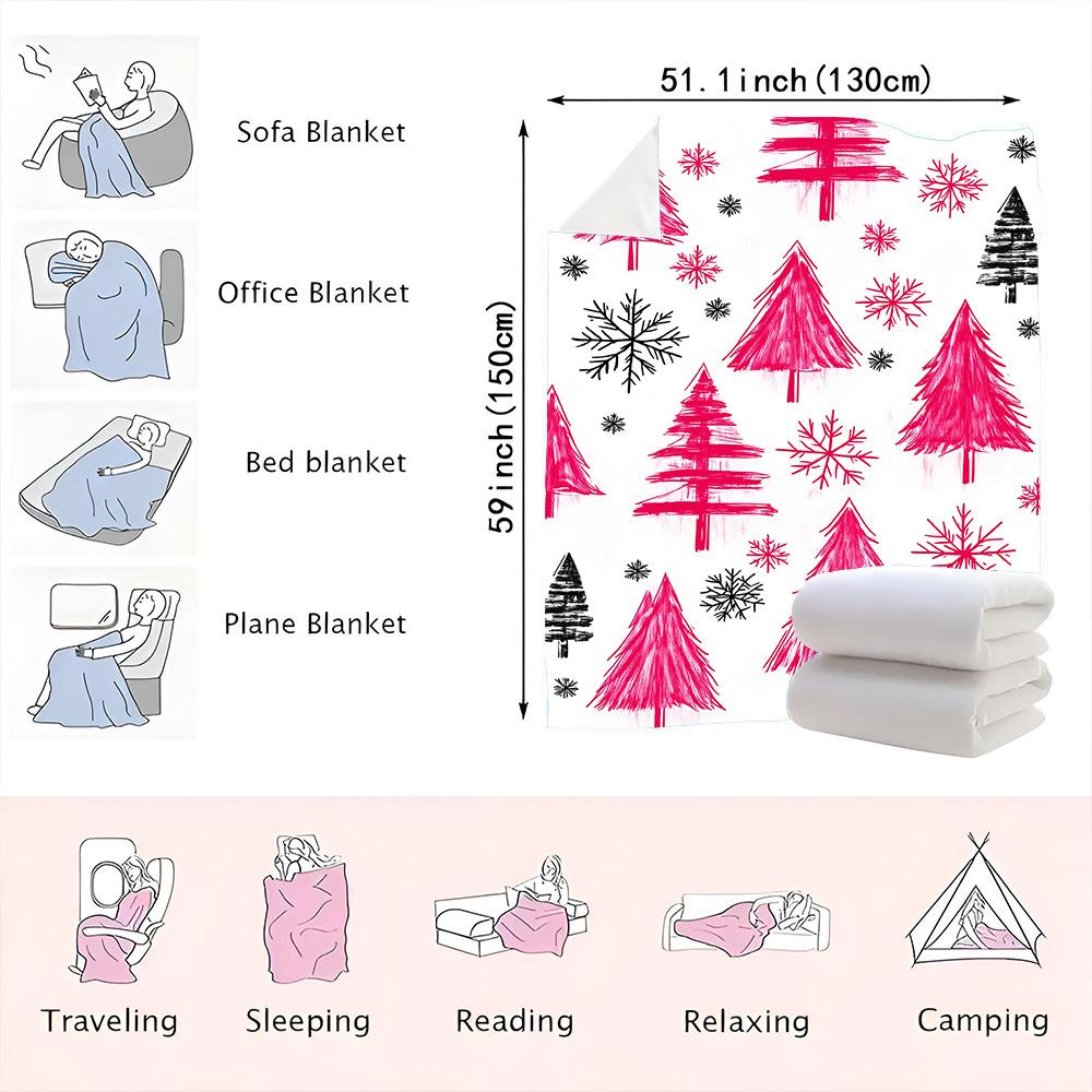 1PC Christmas Tree and Snowflake Print Blanket — Made of soft plush flannel, perfect for sofas, beds, or recliners. It is ideal