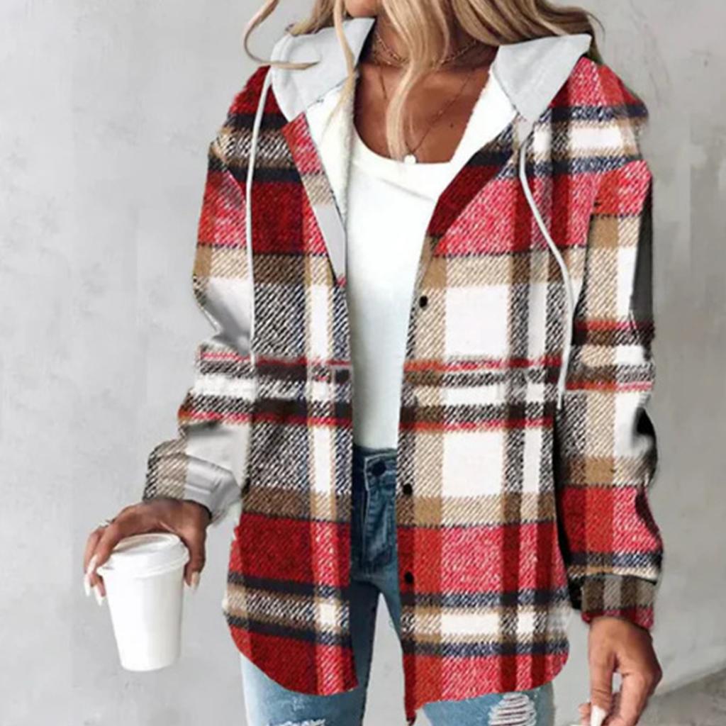 Women's Casual And Fashionable Large Plaid Pattern Patchwork Hooded Button Jacket
