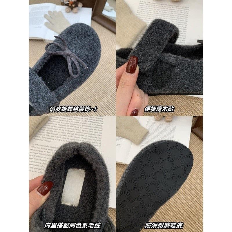 Bow gray fluffy shoes winter wear new velvet single shoes flat warm Mary Jane Doudou shoes