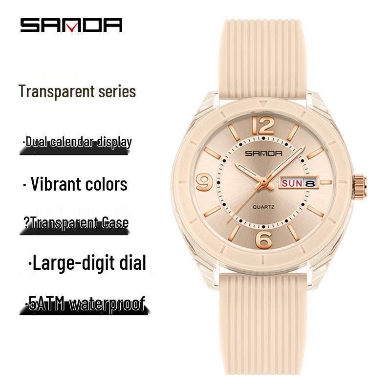 Sanda Dual Calendar Quartz Student Watch with Luminous Hands, Waterproof, Fashionable Round Transparent Case