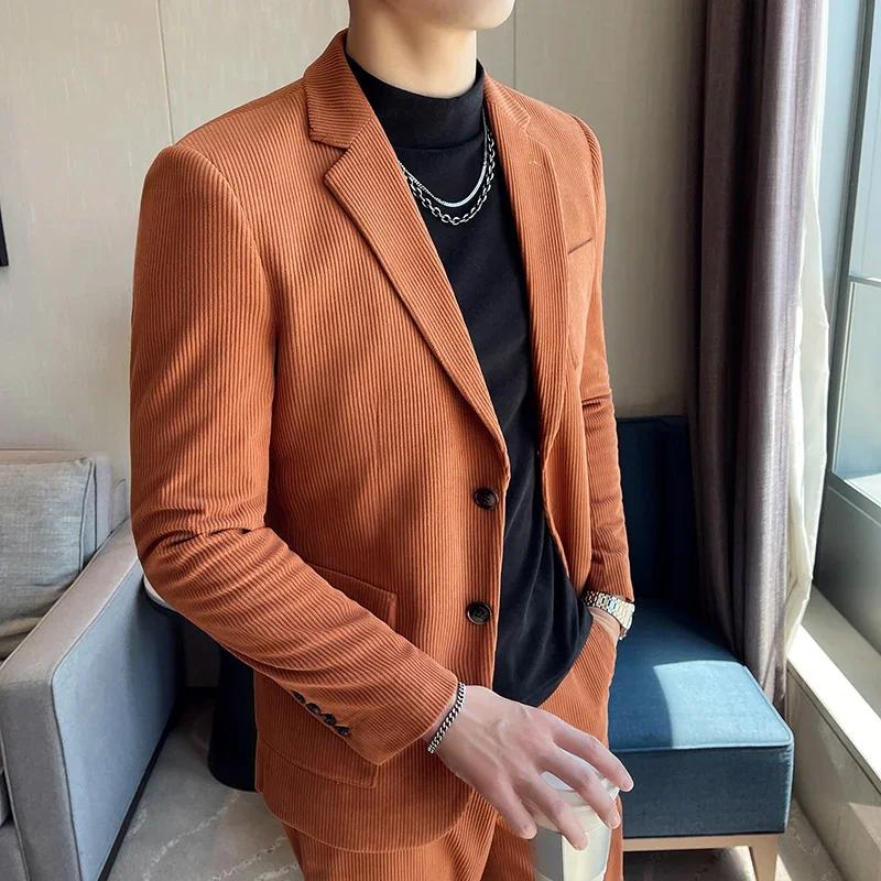 Autumn Winter Corduroy Men Suit Wedding Party 2Pcs Sets Blazer+Pants