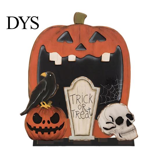Rustic Style Holiday Ornaments Halloween Wooden Pumpkin Skull Crow Tombstone Ornament, Retro DIY Tabletop Centerpiece, Creative Split Set for