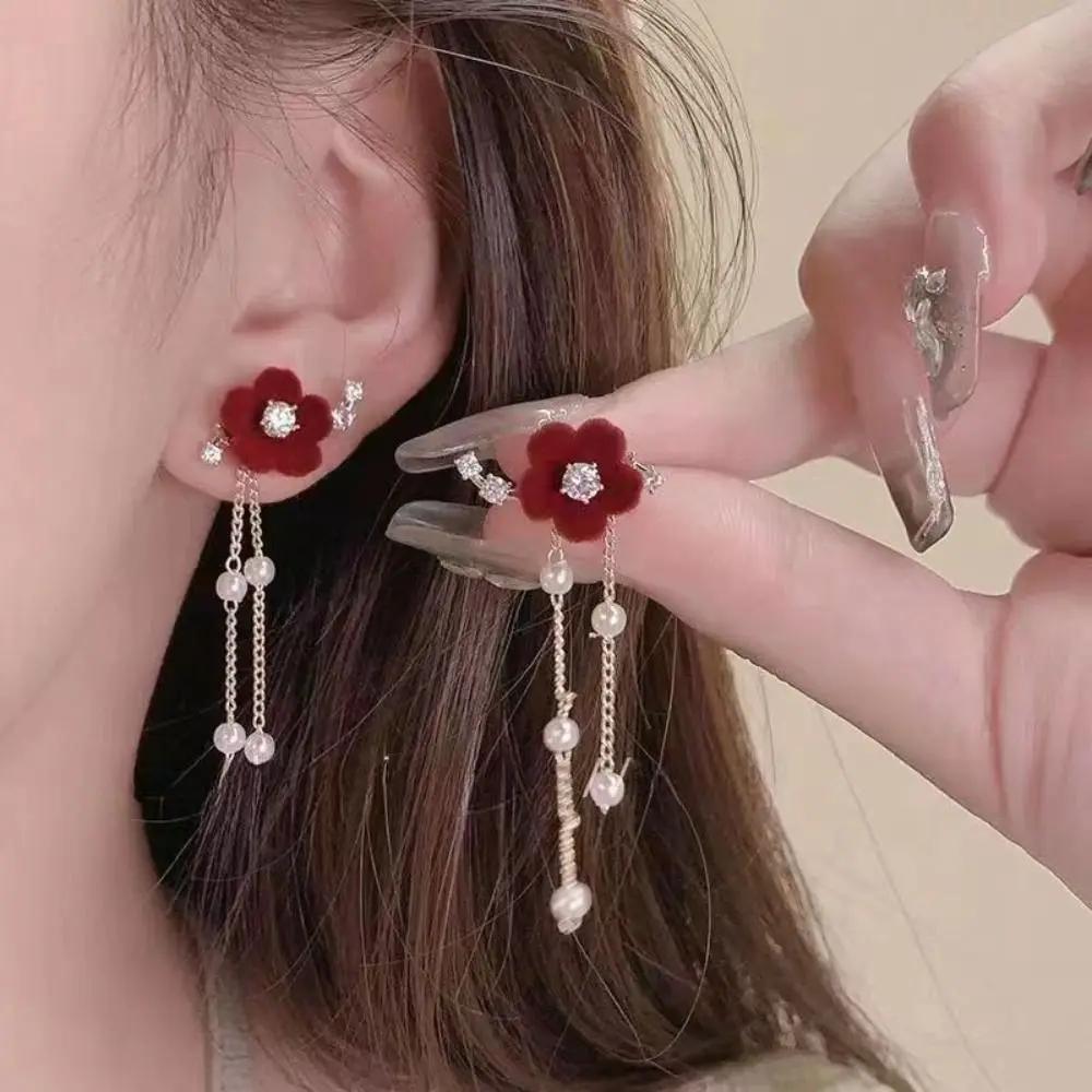 Elegant Shiny Rhinestone Dangle Earrings Tassel Pearl Korean Style Earrings Bow Red Rose Bow Stud Earrings Wedding Accessories