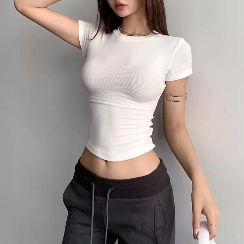 Women Round Neck Solid Ribbed High Stretch Short Sleeve Tight Fit Sexy Basic Tee Figure Flattering Casual Layering Top
