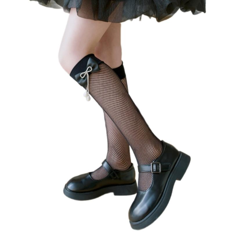 Pack of 1 Pair Girls Breathable Mesh Knee Length Socks Bowknot Accent Socks Stretchy Comfort for 3-10Y Kids