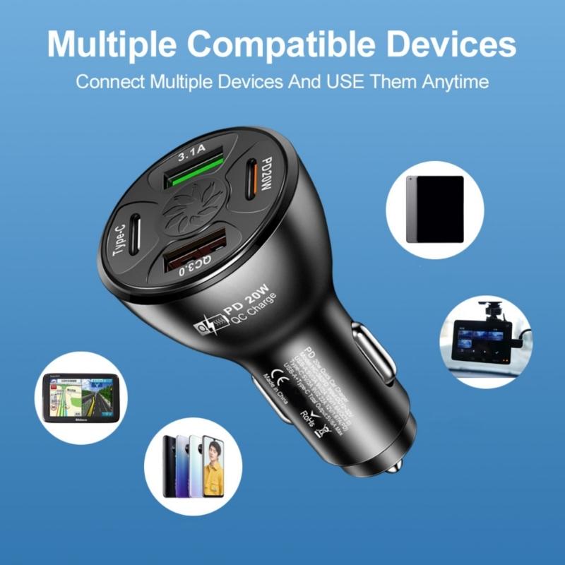 38W USB C Car Charger 4 Port Fast Charging Car Charger Adapter QC3.0 Car USB Charger Multiple Port Adapter for Phone