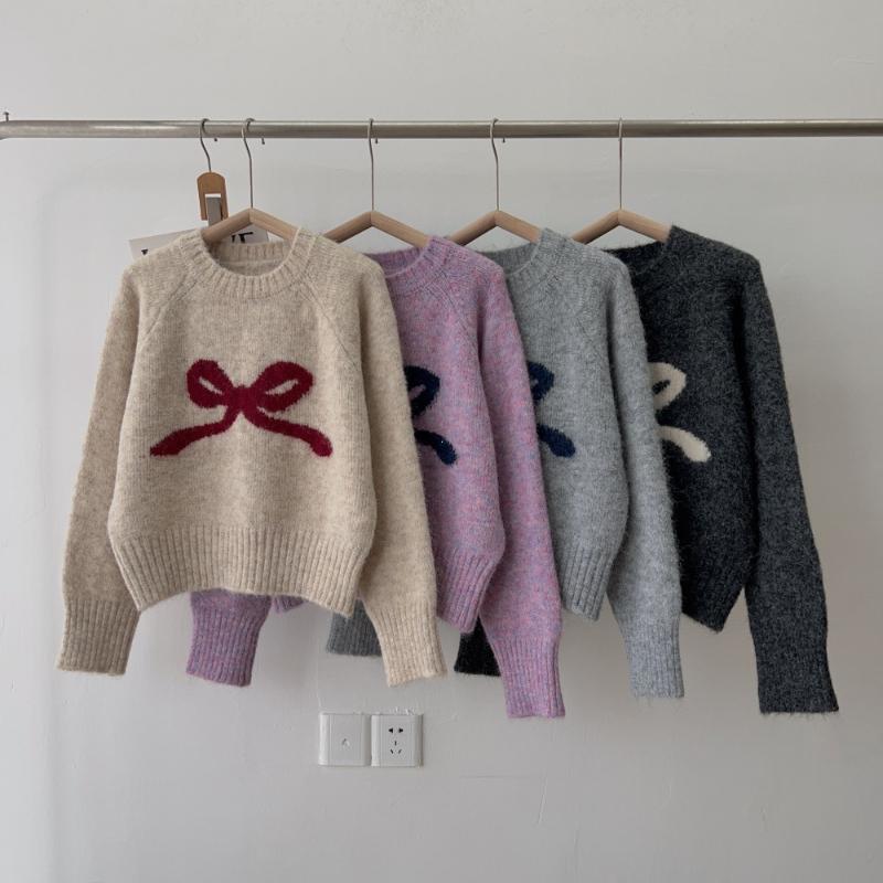 Sweter damski jesienno-zimowy z kokardą, z okrągłym dekoltem, pulower, bielizna wewnętrzna, mały, miękki, kleisty, bazowy, dzianinowy