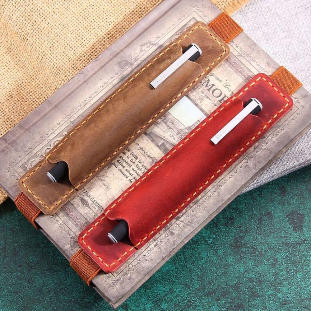 Elastic Band Pen Case Holder Crazy Horse Leather Portable Pen Pouch Leather Pencil Bag  Anime Fan