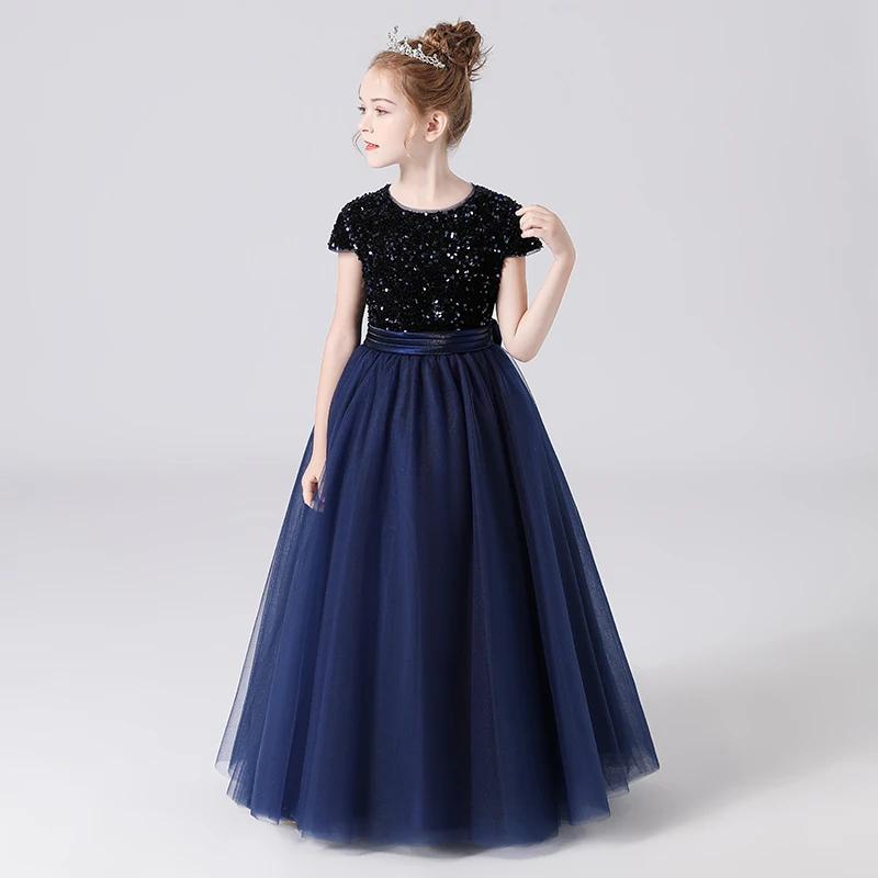 Princess Dress for Children Sparkly Sequin Short Sleeve Flower Girl Dress Tulle Kid Birthday Party Pageant Prom Gown Junior Bridesmaid