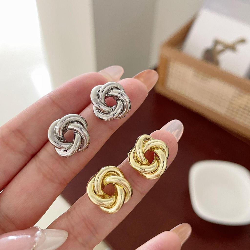 Korean Minimalist Knotted Metal Stud Earrings with Silver Needle – Elegant Niche Design for Women