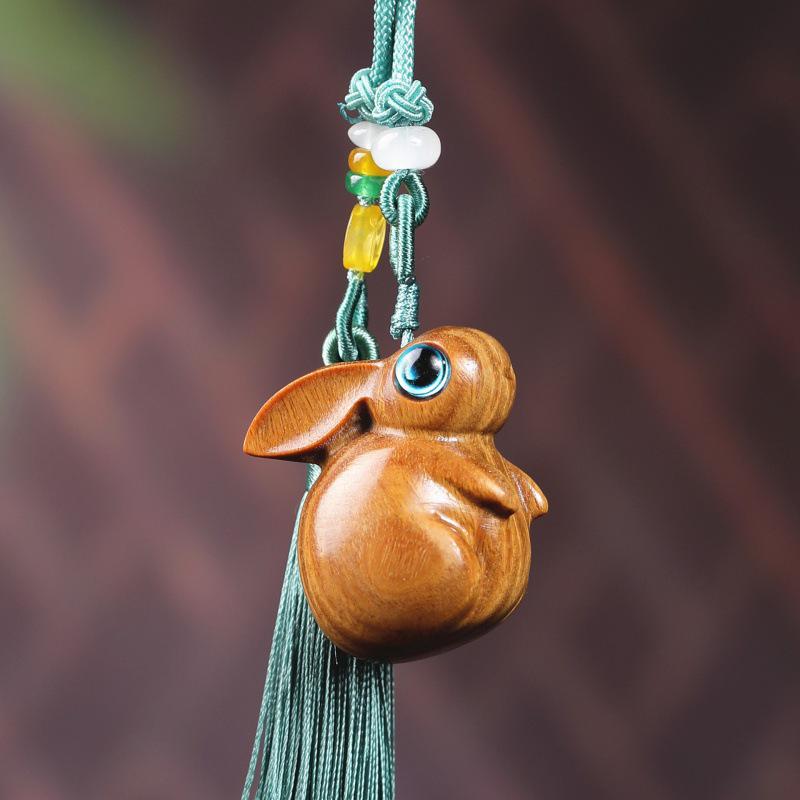 Red & Green Sandalwood Jade Rabbit Car Pendant Phone Keychain Ornament Gift