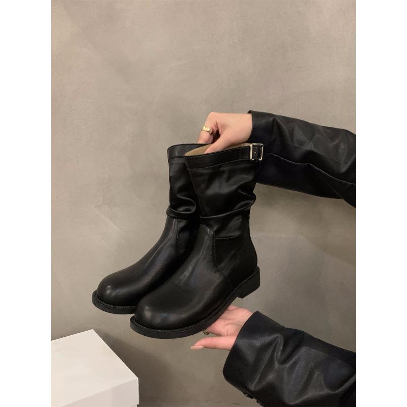 Thick heel retro medium boots knight boots women's shoes 2025 new autumn and winter piled small short boots Martin boots