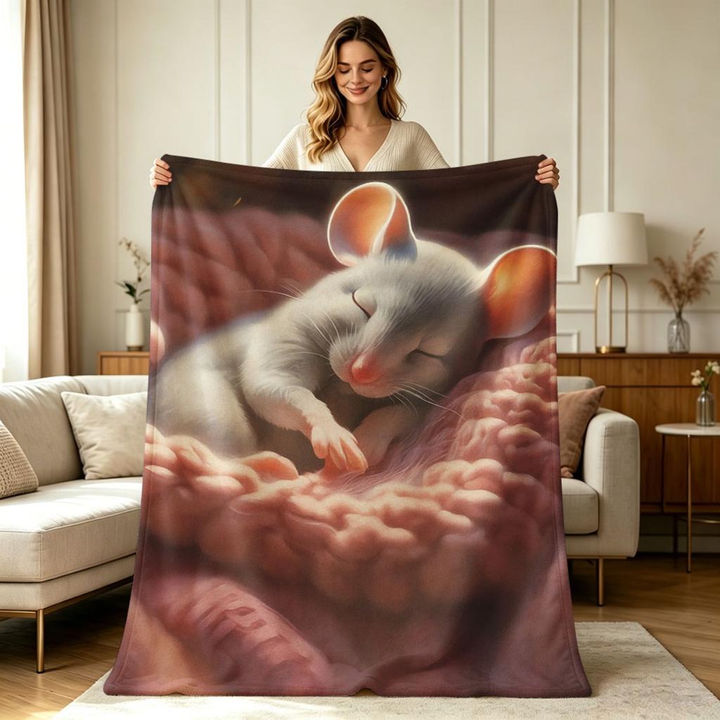 Soft Warm Flannel Blanket with Sleeping Little Mouse Print All Season Cozy Throw Blanket for Sofa Couch Bed Office Home Decor
