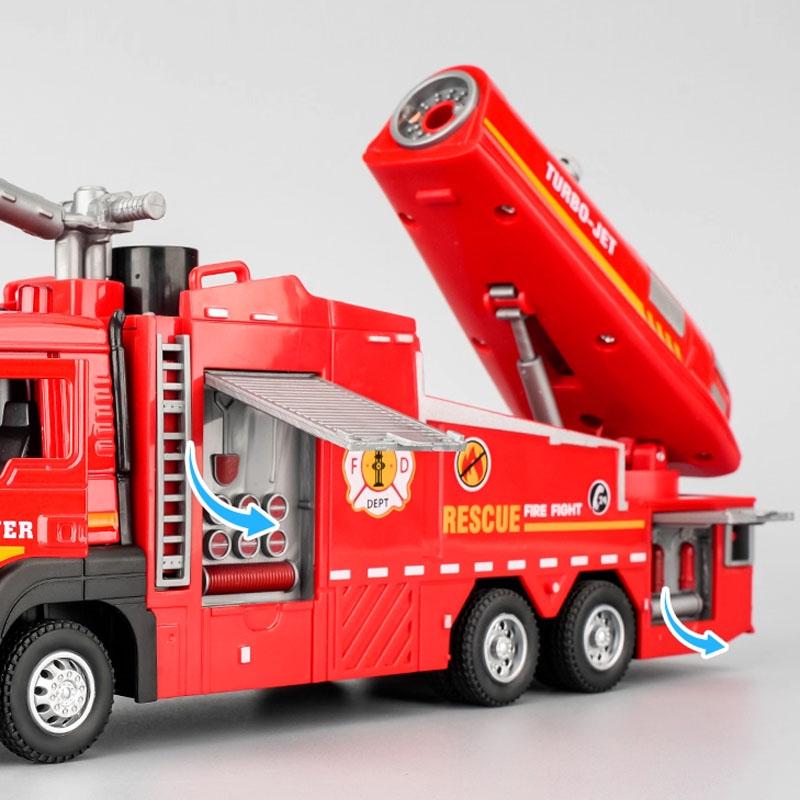 Model Car Vehicle 1:32 Spray Fire Truck Water Spray Ladder Trucks Toy Sound Light Pull Back Doors Opened Collection Boys Gift