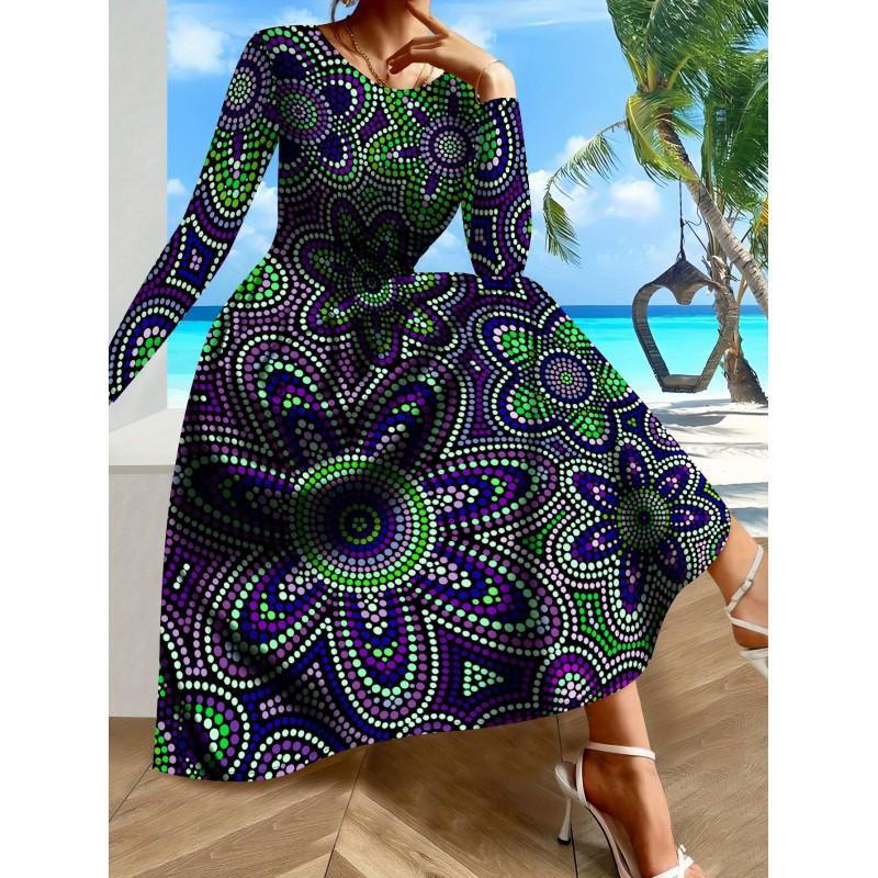 Womens Purple Floral Print Long Sleeve Maxi Dress - Elegant Party In Milk Silk Fabric