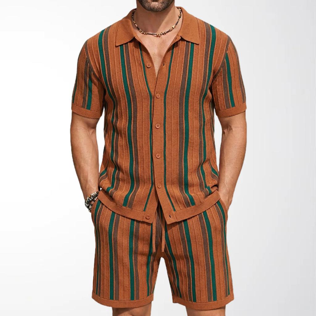 Men's 2 Piece Outfits Summer Short Sets Vintage Knit Button Down Shirt Short Sleeve Polo Casual Beach Suits Shirt Top and Shorts Matching Set for Male