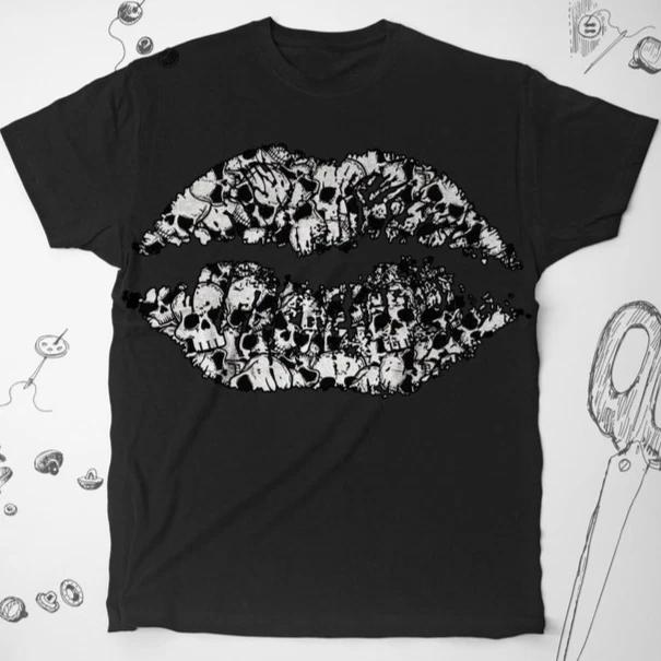 Футболка  Поцелуй Смерти  Футболка с черепом Губы Череп Губы футболка Страшная Готическая Унисекс футболка XL