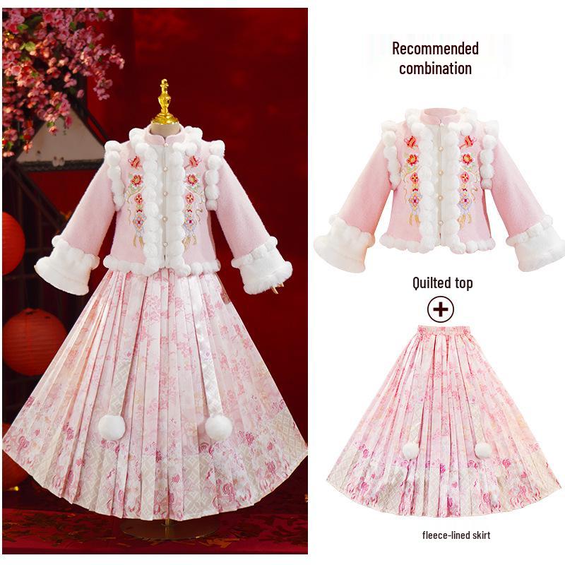 Girls  Velvet Hanfu Winter Dress - Long Sleeve Tang Suit with Fairy Style for New Year 140cm