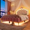 Cama Infantil 140x200 Cama Estofada Menina Princesinhas Cabeceira 16 Cores LED Couro PU Estrutura de Cama Estrado Rosa
