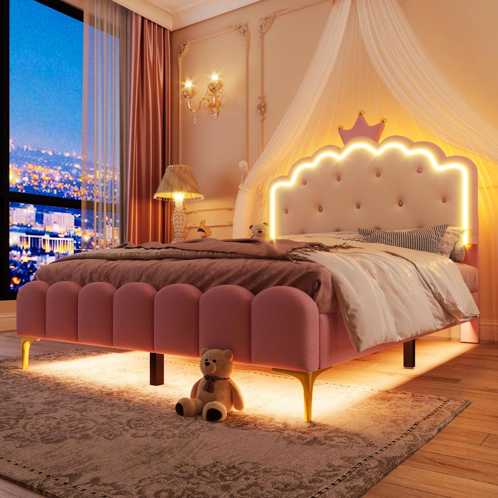 Cama Infantil 140x200 Cama Estofada Menina Princesinhas Cabeceira 16 Cores LED Couro PU Estrutura de Cama Estrado Rosa