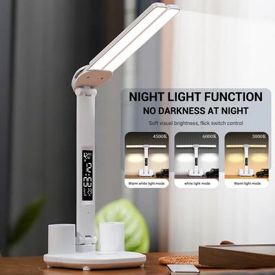 LED stolní lampa s hodinami USB nabíjecí stmívatelné stolní lampy 2 hlavy 180 otočení Skládací ochrana očí Stolní noční lampičky na čtení
